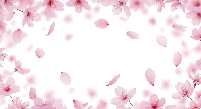 Cherry blossoms frame a white background with floating pink petals.