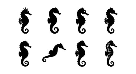 Set of 8 Black Seahorse Silhouettes, Marine Life Vector Icons, Ocean Creatures Collection, Underwater Animal Graphics, Nautical Design Elements © Faisal