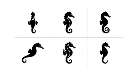 Six Silhouette Seahorse Icons, Marine Life Vector Set, Ocean Creature Graphics, Nautical Underwater Animal Illustrations © Faisal