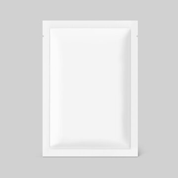 Four side seal sachet bag mockup. Front view. Vector illustration isolated on grey background. Can be use for template your design, presentation, promo, ad. EPS10.