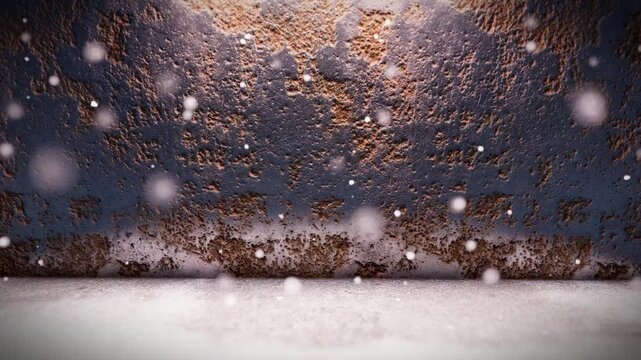 3D Animation Rust Wall Background at Night with Spotlight and Falling Snow