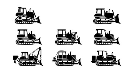 Bulldozer Vector Icons Set, Construction Equipment Silhouettes, Heavy Machinery Graphics for Industry and Engineering Projects © Anwar