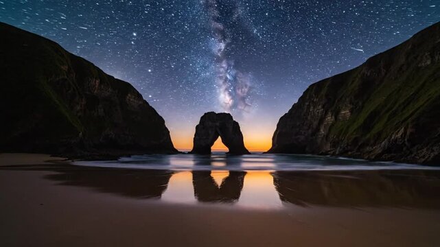 Time-lapse of the sun setting at a beach with a rock archway, revealing the milky way in the night sky