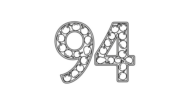 Number 94 Outline with Fruit Fillings, Coloring Page, Vector Illustration