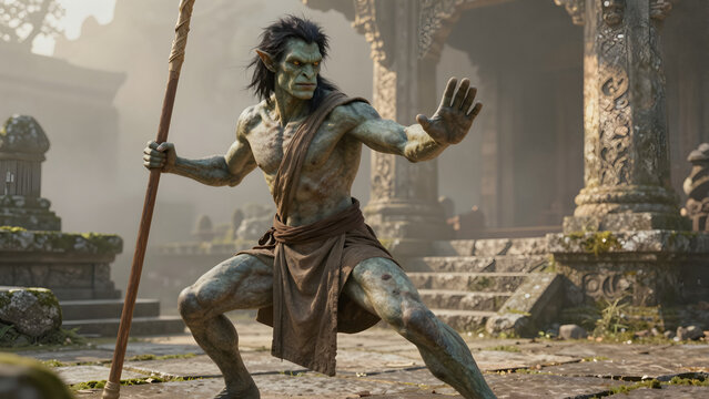 Powerful Grayish-Green Orc Warrior Monk in Dynamic Open-Palm Strike at Golden Sunrise Temple Ruins &ndash; Photorealistic Fantasy Realism 16:9