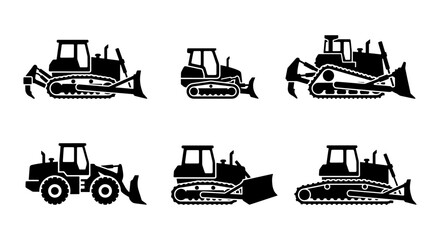 Set of Six Black Silhouette Bulldozer Icons, Heavy Construction Equipment Vector Graphics for Industry and Engineering Projects © Anwar