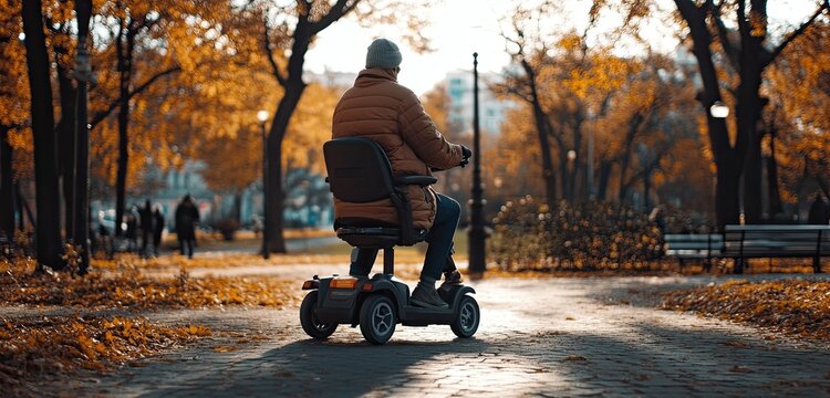 A person using a mobility scooter in a public park, showcasing accessibility in outdoor spaces. 