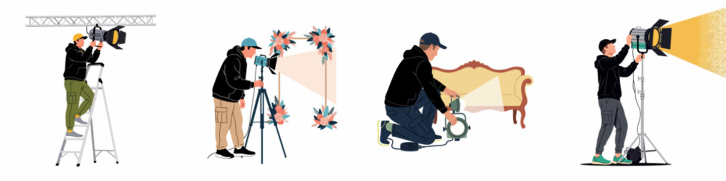 Collection of professional lighting technicians and gaffers adjusting stage lights in film or theater studio, flat vector illustration