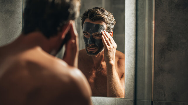Modern masculine grooming concept with a man applying black charcoal face mask in front of bathroom mirror, clean lighting skincare routine