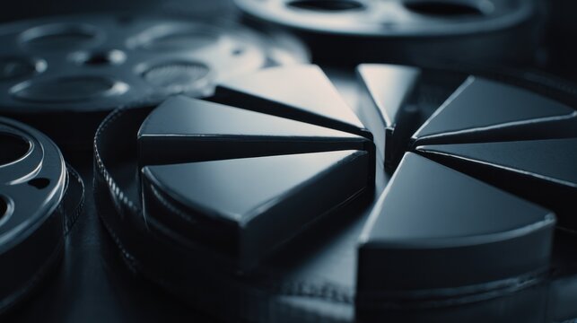 Film reels and pie chart represent the various elements of film-making such as editing, scriptwriting, and post-production, suggesting a business model