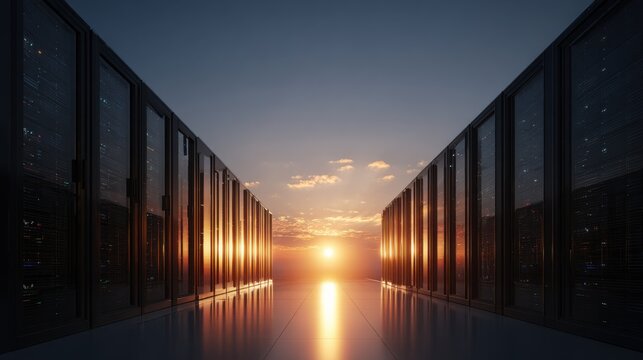 Data center at sunset with parallel lines and reflection 