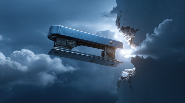 A surreal scene of a stapler suspended in the sky, blending elements of reality and imagination. The stapler appears to be floating amidst clouds, creating a sense of wonder and curiosity.