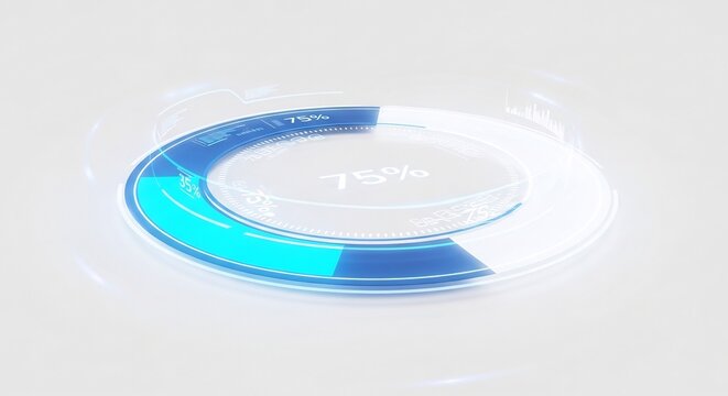 鮮やかに光る3D円形プログレスリングが75パーセント進捗を示す デジタル処理の流れを美しく可視化するクリーンで未来的なモダンデザイン. AI Generated
