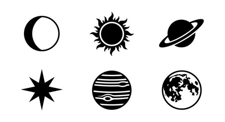 Celestial Icons Set: Moon Phases, Sun, Saturn, Star, Jupiter, Earth, Space Graphics, Cosmic Vector Collection, Astronomy and Science Illustrations © Shohidul