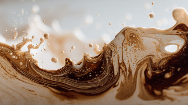 Macro high speed photography of white milk pouring into dark coffee creating swirling galaxies pattern on clean white background