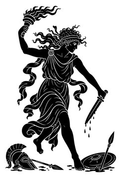 Eris goddess of chaos and discord with torch and bloody dagger Greek mythology silhouette