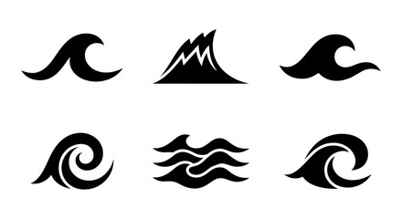 Set of 6 Black Wave Icons, Ocean Swirl and Water Symbols, Nautical and Marine Vector Graphics for Coastal Design and Surfing Themes © Mominul