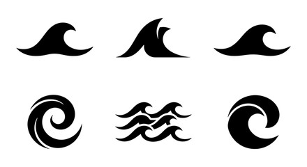 Set of 6 Black Wave Icons, Ocean Swirls and Water Symbols, Marine Vector Graphics for Coastal Design and Nautical Themes © Mominul