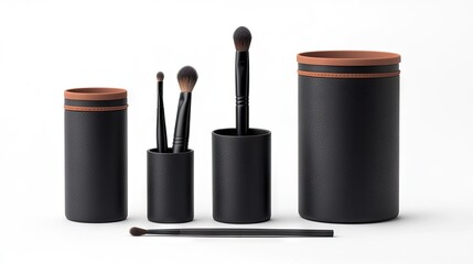 Obraz premium Collection of cylindrical cosmetic brush holders and assorted application tools displayed against a white background