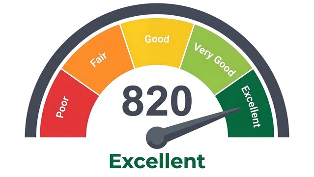 Credit Score Gauge Showing 820 Excellent Rating for Personal Finance Health Assessment and Loan Eligibility Illustration