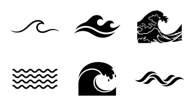 Set of 6 Black and White Wave Icons, Ocean Water Swells, Sea Surfing Elements, Marine Vector Graphics for Design