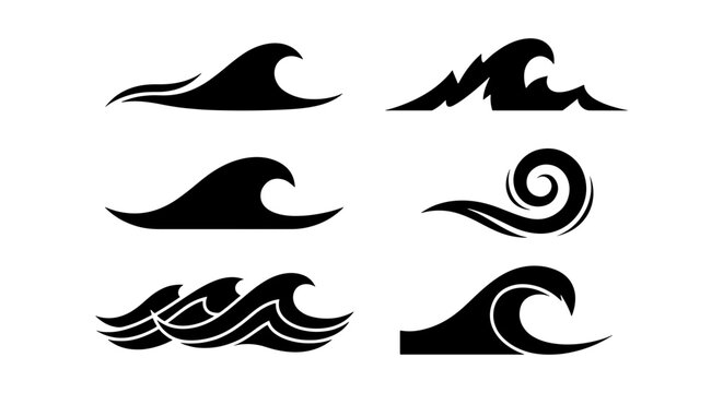 Set of 6 Black Wave Icons, Ocean Swirls, Sea Surfs, Marine Water Elements, Coastal Design Graphics, Nautical Vector Art