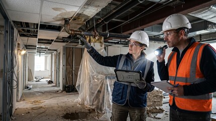 Fototapeta premium Female engineer pointing to water damaged ceiling during building inspection