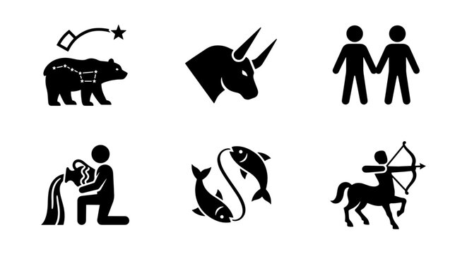 Astrology Zodiac Signs Icons Set, Celestial Constellations, Horoscope Symbols Collection, Black and White Vector Graphics for Cosmic Themes