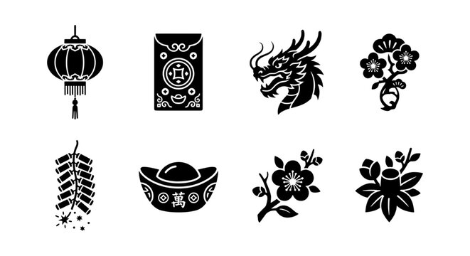 Chinese New Year Icons Set: Dragon, Lantern, Firecrackers, Gold Ingot, Blossoms, Red Envelope, Vector Graphics for Festive Celebration