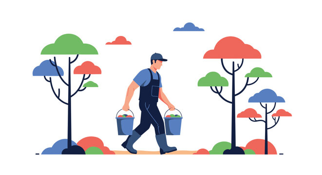 Hardworking farmer carries two heavy buckets through a colorful orchard with stylized trees during a fruitful harvest season.
