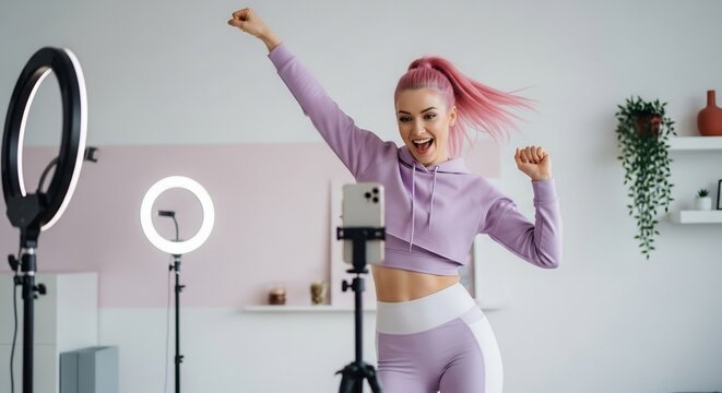 明るいリングライトの下でピンク髪の女性がエネルギッシュに舞い楽しげな笑顔でSNS向け動画コンテンツを撮影する姿. AI Generated