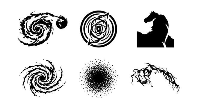 Abstract Swirls, Cosmic Energy, and Dynamic Shapes: 6 Black Vector Elements for Sci-Fi and Fantasy Designs