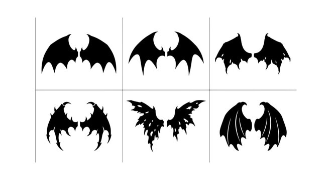 Six Black Silhouette Demon Wings Vector Icons, Gothic Bat Wings and Angelic Wing Variations, Fantasy Creature Elements for Design
