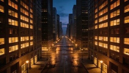 Obraz premium Empty city street at night with lit buildings
