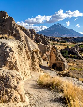 A scenic landscape with a mountain and unique rock formations
