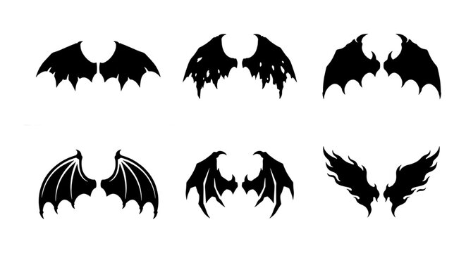 Six Black Silhouette Wing Icons, Devil Bat Angel Fantasy Designs, Vector Graphic Elements for Creative Projects