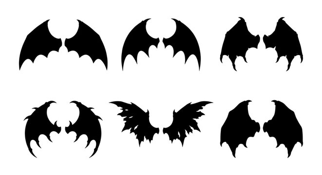 Six Black Silhouette Bat Wings Vector Icons, Fantasy Creature Appendages, Gothic Halloween Design Elements, Dark Angel or Demon Stylized Wings Collection