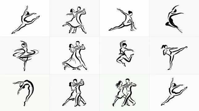 Collection of black and white sketches of dancing figures.
