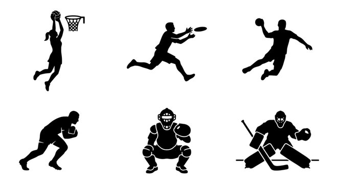 Dynamic Sports Silhouettes: Basketball, Ultimate Frisbee, Handball, Football, Baseball Catcher, Ice Hockey Goalie Vector Icons Set