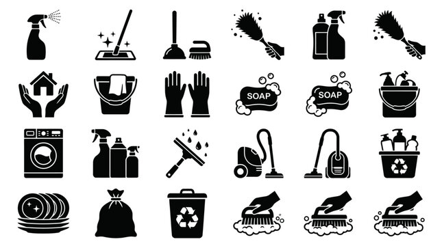 Collection of Professional Cleaning Service Icons and Household Chores Symbols.