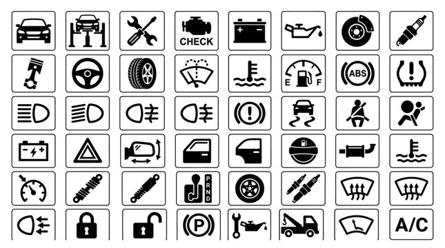 Comprehensive collection of automotive dashboard warning light and car maintenance icons.