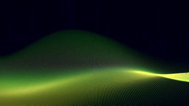 Green yellow particle surface waving in a dual color landscape on a dark background.