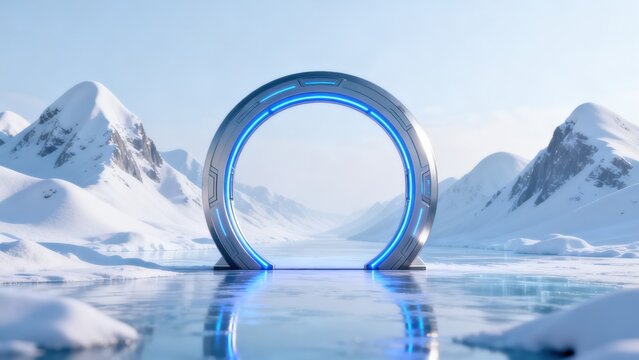 Futuristic portal in snowy mountain landscape