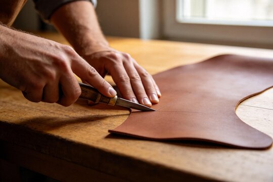 Person cutting leather piece on table