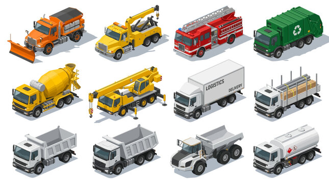 Isometric set of various heavy construction and municipal utility trucks.
