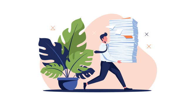 Stressed and overworked businessman running while carrying a massive stack of paperwork and documents near a large plant.