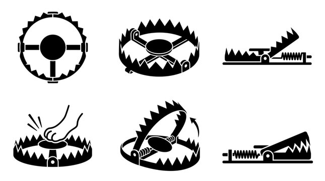 Set of black and white bear trap icons and illustrations.