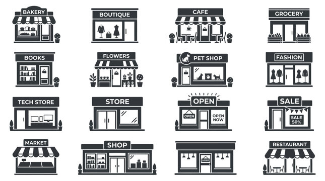 Set of black and white shop and store building icons.