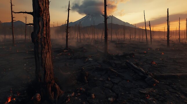 Ultra Detailed Post-Eruption Forest Near Mount Merapi with Dramatic Ash and Fire Effects