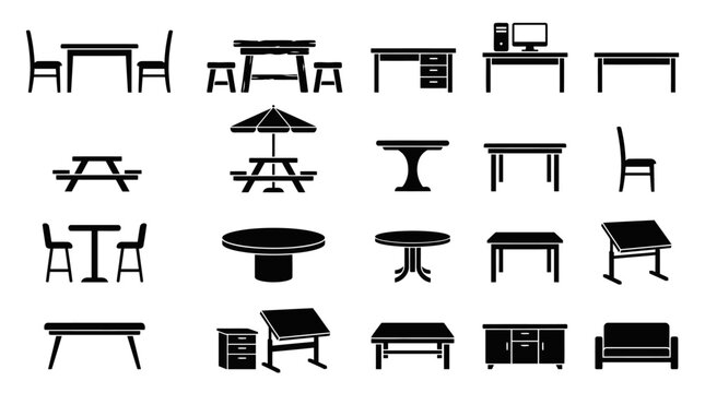 Set of black silhouette furniture icons representing various tables chairs and desks.